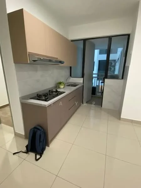 Kitchen features: light brown cabinetry, grey countertop, white tiled backsplash, built-in gas stove with two burners, single-bowl stainless-steel sink, chrome pull-down faucet, floor-to-ceiling windows, tile flooring, open layout, plant on countertop, back door leading to balcony, backpack on floor; style: modern.