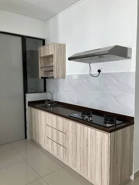 Kitchen features: laminate cabinetry in light wood finish, black granite countertop, stainless-steel range hood, 2-burner gas hob, wall-mounted storage cabinet, white tiled backsplash, cream tiled flooring, large window for natural light; style: modern.