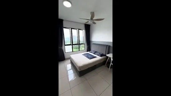 Bedroom features: king-size bed, upholstered headboard, 2 bedside tables, floor-to-ceiling windows, grey curtains, 5-blade ceiling fan, white painted walls, glossy tile flooring, decorative wall art; style: modern; view: garden.