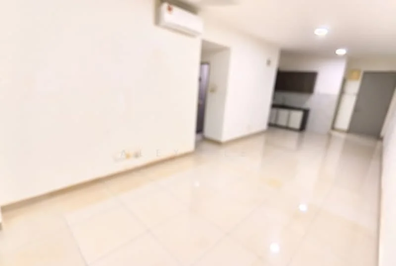 Room features: white painted walls, glossy tile flooring, 1 wall-mounted split AC, recessed downlights, doorway leading to another room, kitchen cabinetry visible in background, neutral color scheme, open layout; style: modern.