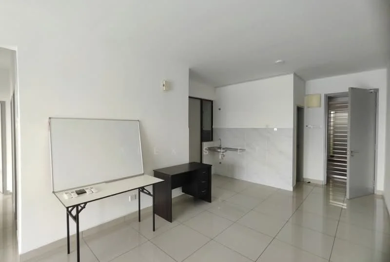 Room features: white painted walls, glossy ceramic tile flooring, single-bowl stainless-steel sink, countertop with marble finish, desk with black finish, whiteboard, window with natural light, door with metal frame; style: modern.