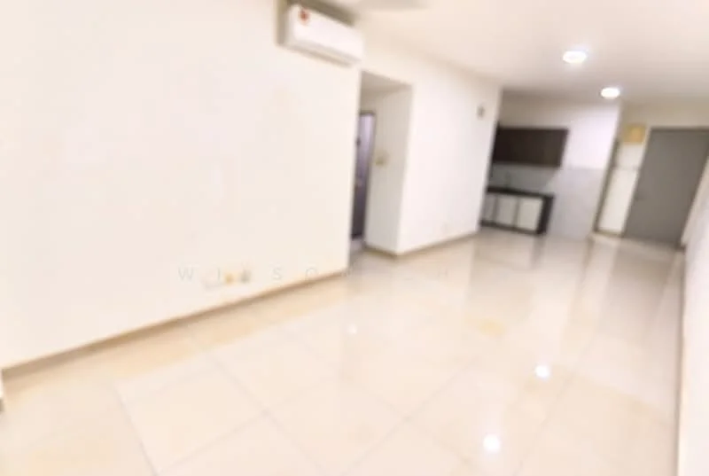 Room features: white painted walls, glossy beige floor tiles, 1 wall-mounted split AC, recessed downlights, open space layout, doorway leading to another room, kitchen cabinetry visible in the background, neutral color scheme; style: modern.