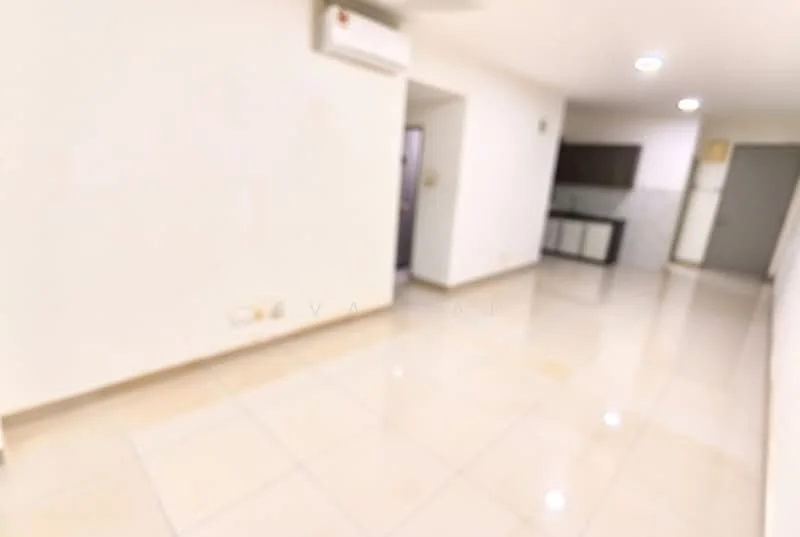 Room features: white painted walls, glossy tile flooring, 1 wall-mounted split AC, recessed downlights, doorway leading to another room, kitchenette area with cabinets, neutral color scheme, open layout; style: modern.
