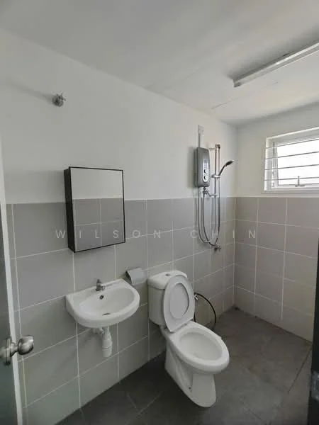Bathroom features: white painted walls, grey tiled walls, grey floor tiles, single-sink vanity with mirror, one-piece toilet, shower with wall-mounted water heater, window with horizontal slats, chrome faucet; style: modern.