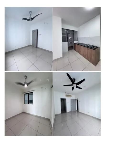 Kitchen features: white walls, grey tiled flooring, ceiling fan, kitchen cabinets in wood finish, stainless-steel sink, built-in gas hob, wall-mounted kitchen hood, window with view to outside; style: modern. Living features: white walls, grey tiled flooring, ceiling fan, large window, air conditioning unit, door to hallway; style: modern. Room features: white walls, grey tiled flooring, ceiling fan; style: modern.