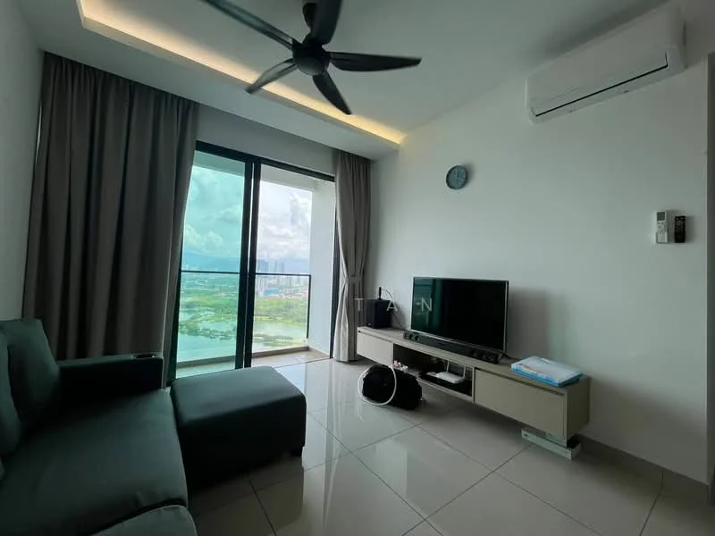 Living features: grey fabric sofa, flat-screen TV on console, TV console in light wood, floor-to-ceiling windows, curtains in light grey, recessed LED downlights, ceiling fan, wall-mounted air conditioning unit, white painted walls, glossy tile flooring; style: modern; view: city.