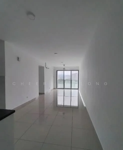 Room features: white painted walls, glossy tile flooring, floor-to-ceiling windows, sliding glass door, natural light, open layout, recessed downlights, no visible furniture; style: modern; view: city.