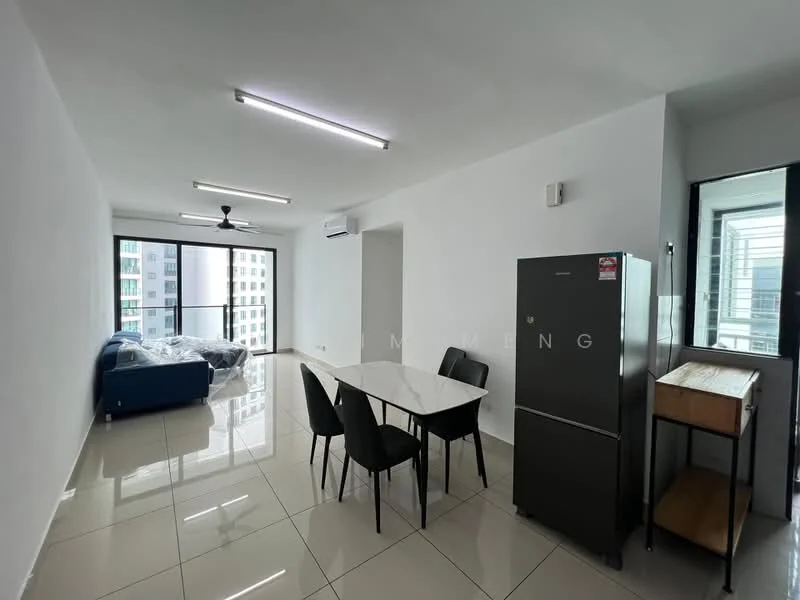 Living features: white painted walls, polished ceramic tile flooring, 5-blade ceiling fan with light, floor-to-ceiling windows, sliding glass door, black dining table with four chairs, stainless-steel fridge, blue fabric sofa, air conditioning unit; style: modern; view: city.