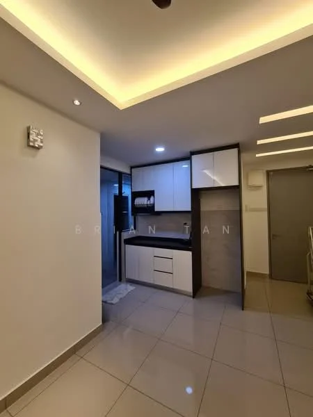 Kitchen features: white shaker cabinets, black countertop, built-in refrigerator, built-in oven, stainless-steel sink, chrome pull-down faucet, ceramic tile flooring, recessed LED downlights, wall-mounted cabinets, grey tile backsplash; style: modern.