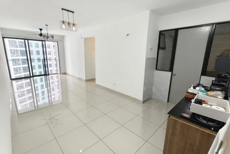 Living features: white painted walls, glossy tile flooring, floor-to-ceiling windows, black ceiling fan with light, recessed downlights, open layout, neutral color scheme, kitchenette area with countertop, sliding glass door, city view; style: modern; view: city.