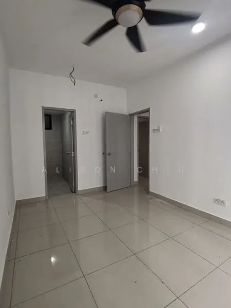 Room features: white painted walls, grey tiled flooring, 5-blade ceiling fan with light, two doors leading to other rooms, recessed ceiling lights; style: modern.