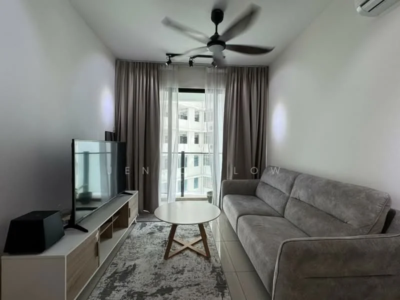 Living features: 3-seater fabric sofa in grey, coffee table with wooden legs, TV console with storage, wall-mounted TV, area rug with geometric pattern, floor-to-ceiling windows, sheer curtains, ceiling fan with light, recessed downlights, light-colored tiled flooring, decorative wall with neutral color; style: modern.
