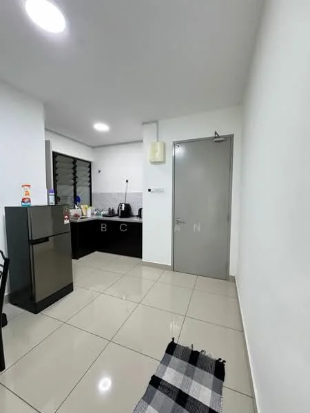 Kitchen features: black cabinetry, stainless-steel fridge, white tiled backsplash, grey countertop, ceramic tile flooring, recessed downlights, window with black grille, sink, kitchen utensils on countertop, door to hallway; style: modern.