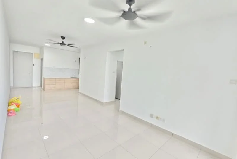 Living features: white painted walls, glossy tile flooring, 5-blade ceiling fan with light, recessed downlights, open layout, large windows, neutral color palette, space for furniture arrangement; style: modern. Kitchen features: kitchen cabinetry, countertop, appliances visible in background; style: modern.