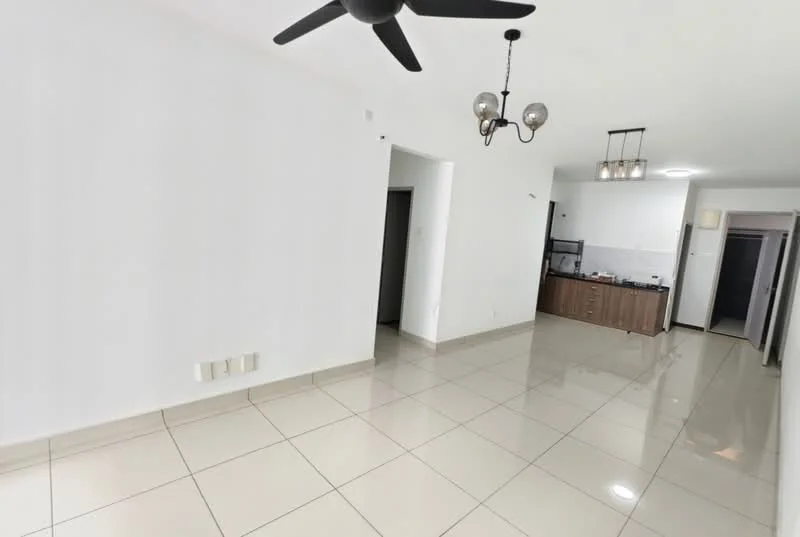 Living features: white painted walls, glossy ceramic tile flooring, 5-blade ceiling fan in black, chandelier with multiple bulbs, open layout to kitchen, recessed downlights, doorway to adjacent rooms, large windows for natural light; style: modern. Kitchen features: laminate cabinetry in brown, white tiled backsplash, countertop with space for appliances, open layout to living area; style: modern.