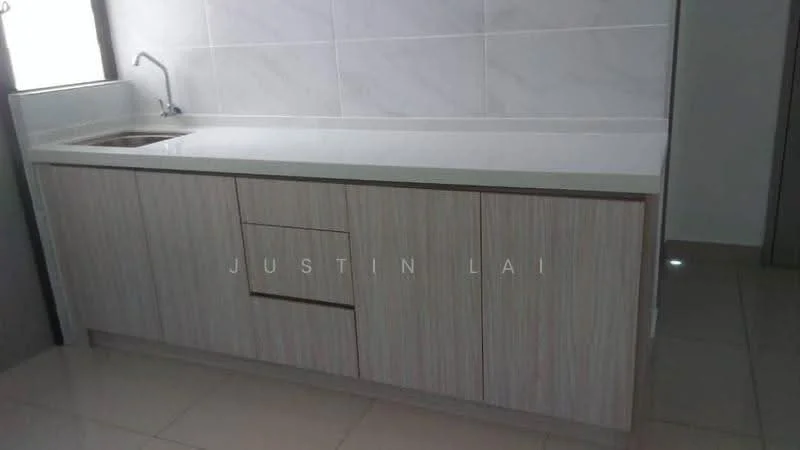 Kitchen features: single-bowl stainless-steel sink, chrome pull-down faucet, white solid surface countertop, light wood cabinetry with vertical grain, flat-panel cabinet doors, drawer with handle-less design, tile backsplash, cream ceramic tile flooring; style: modern.