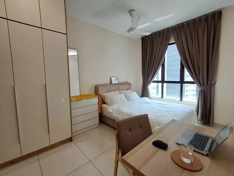 Bedroom features: queen-size bed with upholstered headboard, floor-to-ceiling window with city view, brown curtains, light beige painted walls, white tiled flooring, built-in wardrobe with sliding doors, chest of drawers, study desk with laptop, chair, ceiling fan; style: modern; view: city.