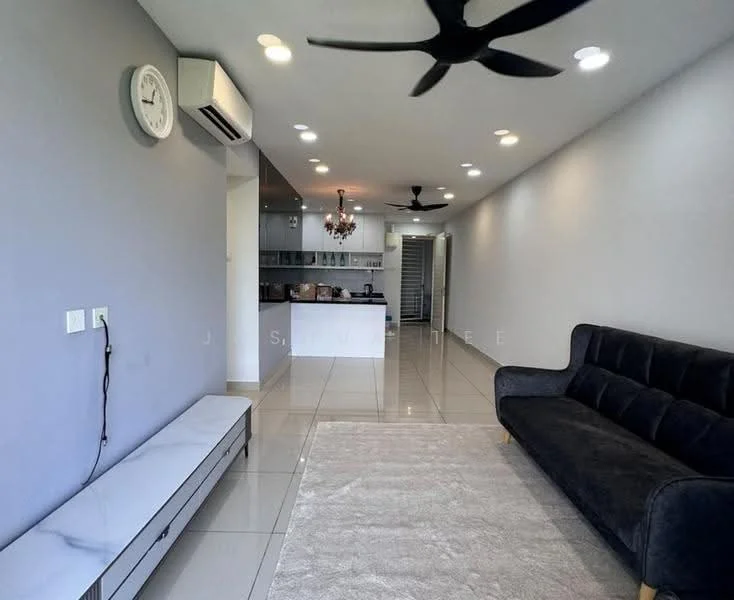 Living features: grey painted walls, white ceiling, 5-blade ceiling fan with light, recessed LED downlights, black fabric 3-seater sofa, white marble TV console, large area rug, ceramic tile flooring, wall clock, air conditioning unit; style: modern. Kitchen features: open-plan layout, kitchen island, white cabinetry, stainless-steel appliances, granite countertop; style: modern.