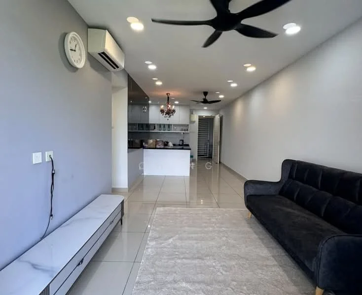 Living features: black fabric sofa, area rug, wall-mounted TV console, chandelier, 5-blade ceiling fan, recessed LED downlights, cream tiled flooring, grey painted walls, air conditioning unit; style: modern. Kitchen features: open-plan layout, kitchen island, white cabinetry, stainless-steel appliances; style: modern.