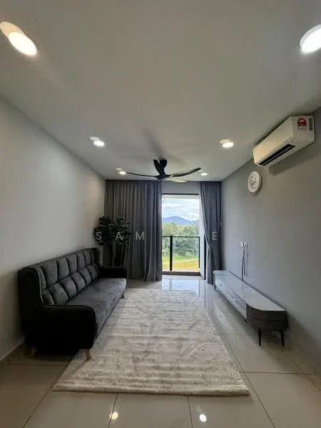Living features: 3-seater fabric sofa in grey, ceiling fan with light, wall-mounted air conditioning unit, floor-to-ceiling windows, sliding glass door, grey curtains, light-colored wall, tile flooring, decorative wall clock, area rug with neutral color; style: modern; view: mountain.