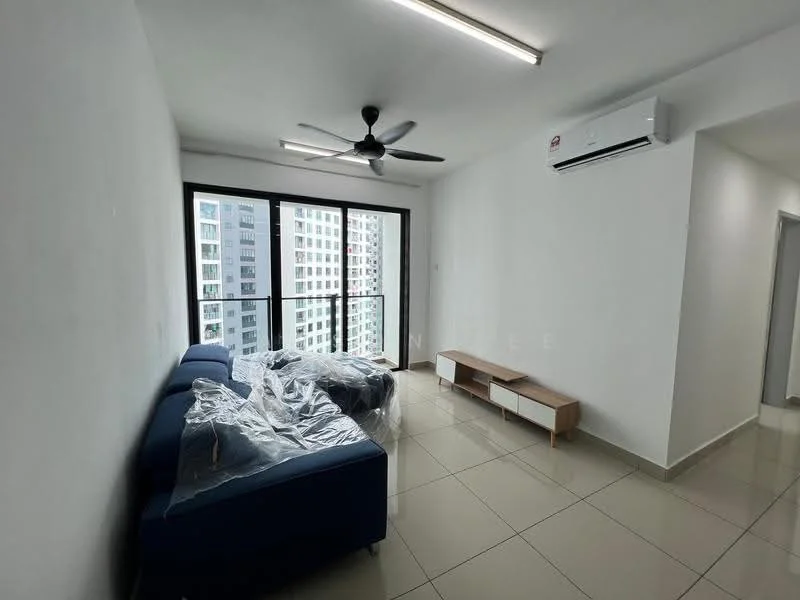 Living features: white painted walls, glossy ceramic tile flooring, 5-blade ceiling fan with light, floor-to-ceiling windows, blackout curtains, sofa in blue fabric, TV console in light wood, air conditioning unit on wall; style: modern; view: city.