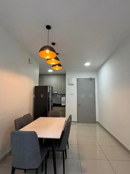 Dining features: 4-seater dining table, grey upholstered dining chairs, pendant lighting with three black shades, white walls, tile flooring, refrigerator, built-in cabinetry, door to hallway; style: modern.