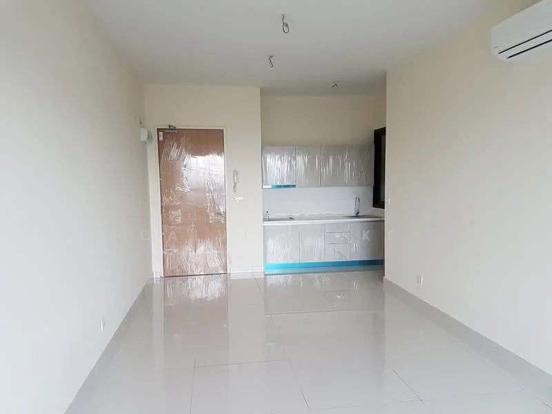 Living features: white painted walls, glossy tile flooring, 1 wall-mounted split AC, kitchenette with cabinets, stainless-steel sink, single-bowl stainless-steel sink, countertop with blue accent, recessed downlights, door with plastic wrap, large window, neutral color scheme; style: modern.