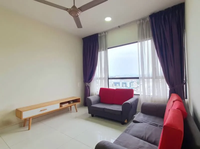 Living features: 2-seater fabric sofa in grey, 3-seater fabric sofa in red, white TV console with wooden legs, floor-to-ceiling windows, curtains in dark purple, white walls, glossy tile flooring, ceiling fan with light, recessed downlights; style: modern; view: city.