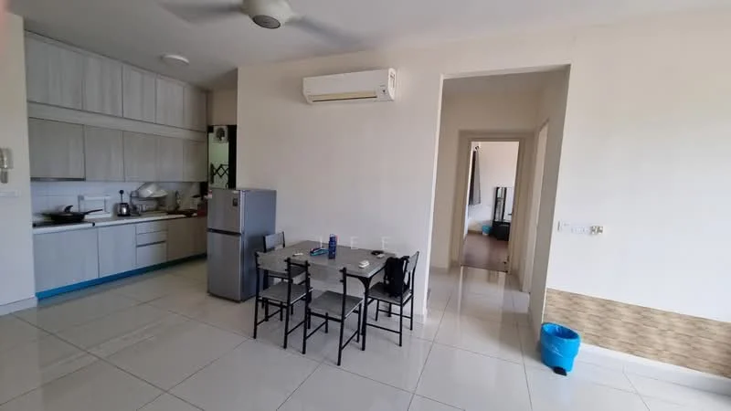 Kitchen features: light grey cabinetry, white countertops, stainless-steel fridge, built-in oven, 4-burner gas hob, single-bowl stainless-steel sink, chrome pull-down faucet, white tiled backsplash, ceramic tile flooring, wall-mounted split AC, dining table with 4 chairs; style: modern. Room features: white painted walls, sliding door to hallway, ceramic tile flooring.