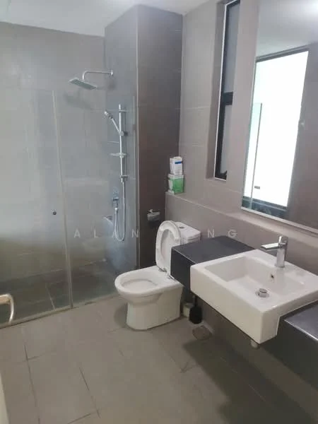 Bathroom features: walk-in shower with glass enclosure, rain shower head, handheld shower, single-sink vanity with wall-mounted faucet, white ceramic toilet, large mirror, grey tiled walls, grey tiled flooring, built-in shelving, chrome towel rail; style: modern.