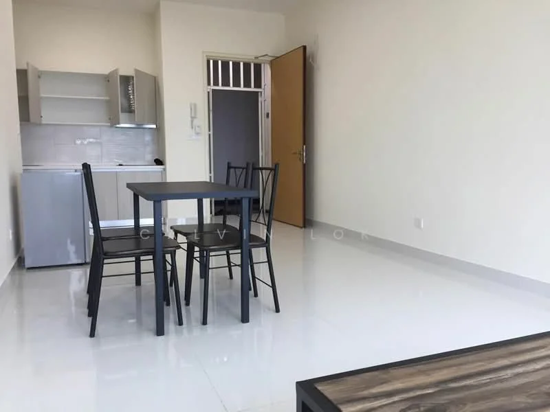 Dining features: white painted walls, glossy tile flooring, 4-seater dining table with black legs, black dining chairs, refrigerator, kitchen cabinetry, countertop, door leading to hallway; style: modern.