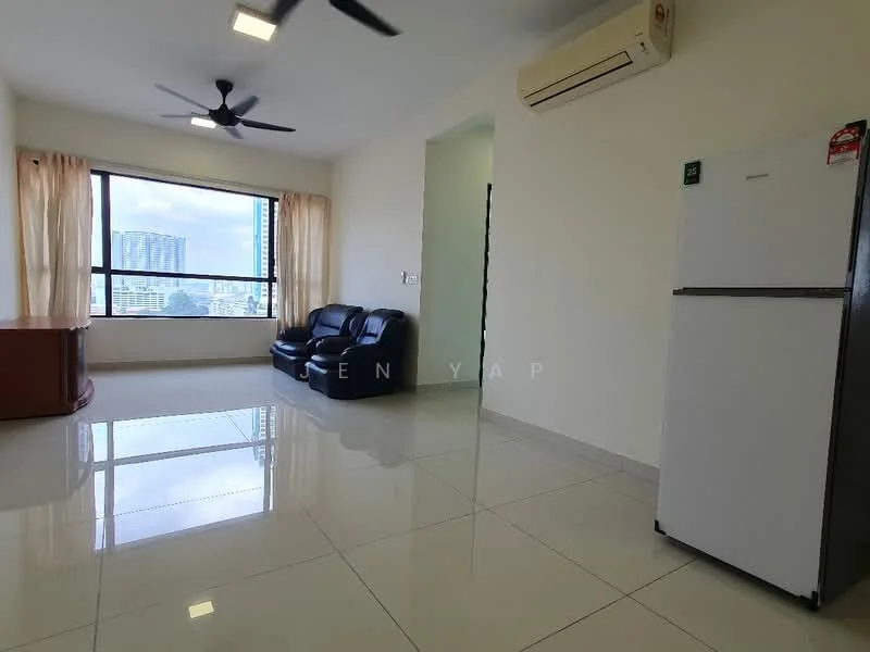 Living features: 3-seater leather sofa in black, floor-to-ceiling windows, white painted walls, glossy ceramic tile flooring, ceiling fan with light, air conditioning unit, curtains, TV console, refrigerator; style: modern; view: city.