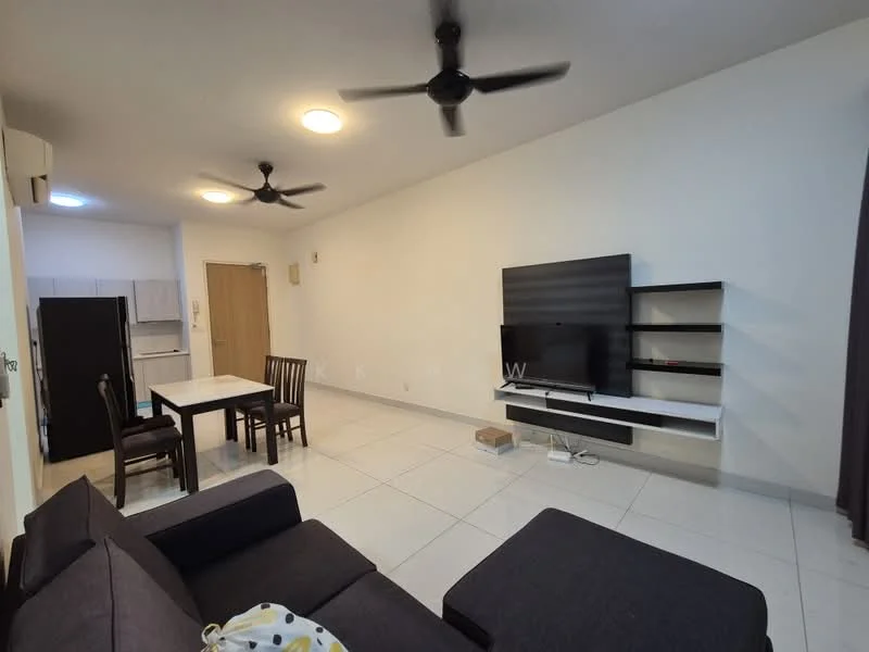 Living features: 3-seater fabric sofa in dark grey, coffee table, wall-mounted TV, TV console, 2 ceiling fans, white painted walls, tile flooring, recessed downlights, dining table with 4 chairs, open kitchen area visible in background; style: modern.