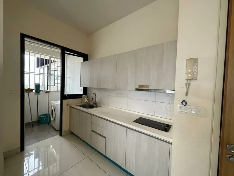 Kitchen features: light wood cabinetry, white countertop, single-bowl stainless-steel sink, chrome pull-down faucet, built-in electric cooktop, white tiled backsplash, recessed downlights, floor-to-ceiling window, laundry area visible, white ceramic tile flooring; style: modern.