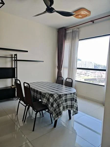 Dining features: dining table with checkered tablecloth, 4 dining chairs, floor-to-ceiling window, curtains, ceiling fan, white painted walls, glossy tile flooring, black shelving unit; style: modern; view: city.