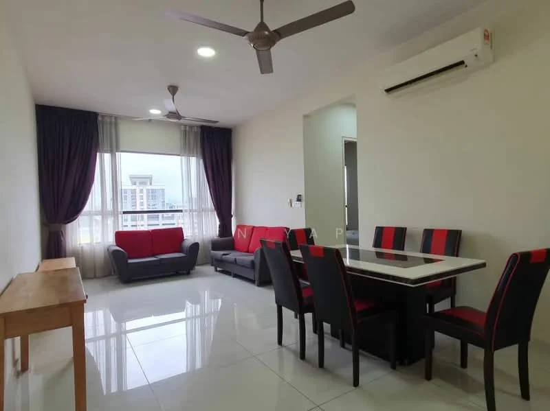 Living features: 3-seater fabric sofa in grey, 2-seater fabric sofa in red and black, coffee table with white top, dining table with black base and white top, 6 upholstered dining chairs in black with red and black accents, floor-to-ceiling windows, curtains in dark purple, wall-mounted split AC, recessed downlights, glossy white tile flooring; style: modern; view: city.