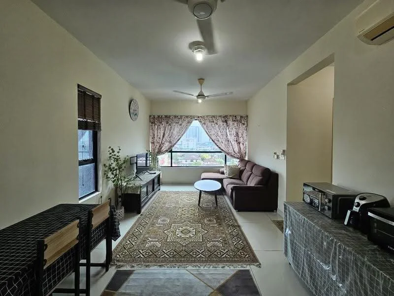 Living features: 3-seater fabric sofa in brown, coffee table, TV console, wall-mounted TV, area rug with geometric pattern, floor-to-ceiling windows, sheer curtains, ceiling fan with light, decorative wall clock, wall-mounted shelving, decorative plants in pots; style: modern; view: city.