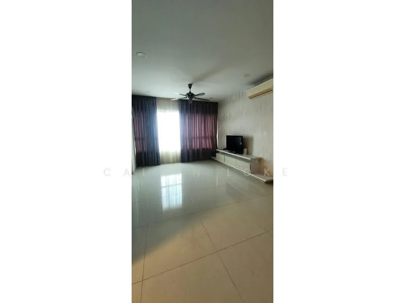 Living features: white painted walls, glossy tile flooring, 5-blade ceiling fan, floor-to-ceiling windows, sheer curtains, wall-mounted TV, TV console, recessed lighting; style: modern.