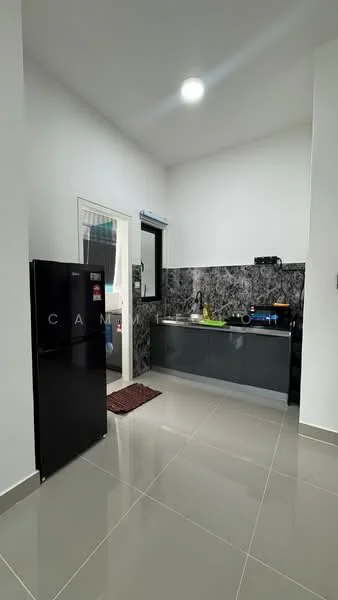 Kitchen features: black fridge, grey cabinetry, black granite countertop, white walls, grey tile backsplash, ceramic tile flooring, single-bowl stainless-steel sink, chrome pull-down faucet, window above sink, recessed LED downlights; style: modern.