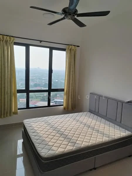 Bedroom features: queen-size bed frame, mattress on bed frame, floor-to-ceiling windows, grey upholstered headboard, curtains in yellow, ceiling fan, white painted walls, glossy tile flooring, city view; style: modern; view: city.