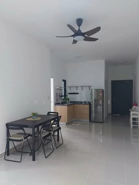 Living features: white painted walls, glossy tile flooring, 5-blade ceiling fan, dining table with black finish, 4 black folding chairs, kitchenette with wooden cabinetry, stainless-steel fridge, sink, countertop, open layout; style: modern.