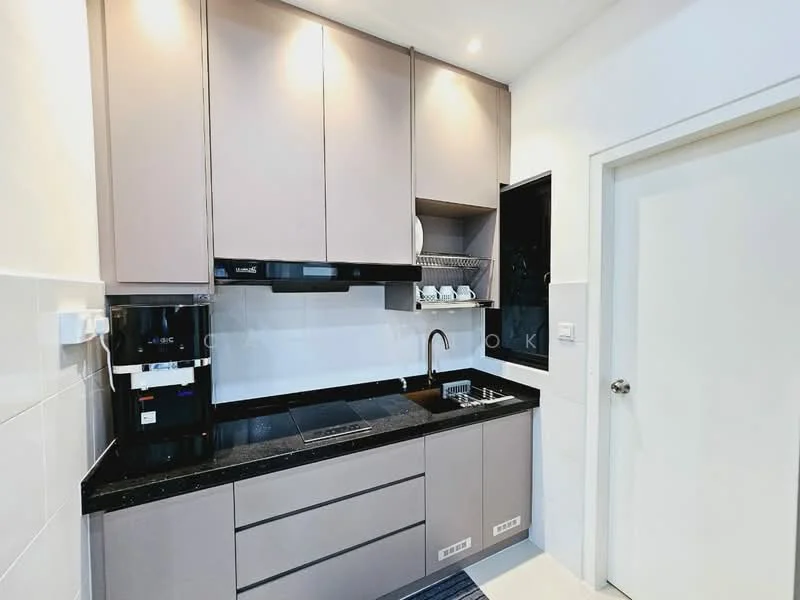 Kitchen features: grey cabinetry, black granite countertop, built-in oven, stainless-steel sink, chrome pull-down faucet, black ceramic backsplash, under-cabinet lighting, coffee machine, open shelving, microwave, kitchen utensils, recessed downlights; style: modern.
