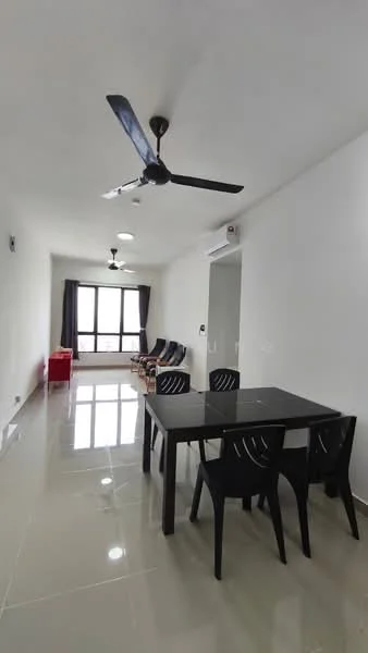 Dining features: black dining table, 4 black plastic dining chairs, white painted walls, glossy grey tile flooring, 5-blade ceiling fan, recessed downlights, floor-to-ceiling windows, curtains, living area visible in background; style: modern; view: city.
