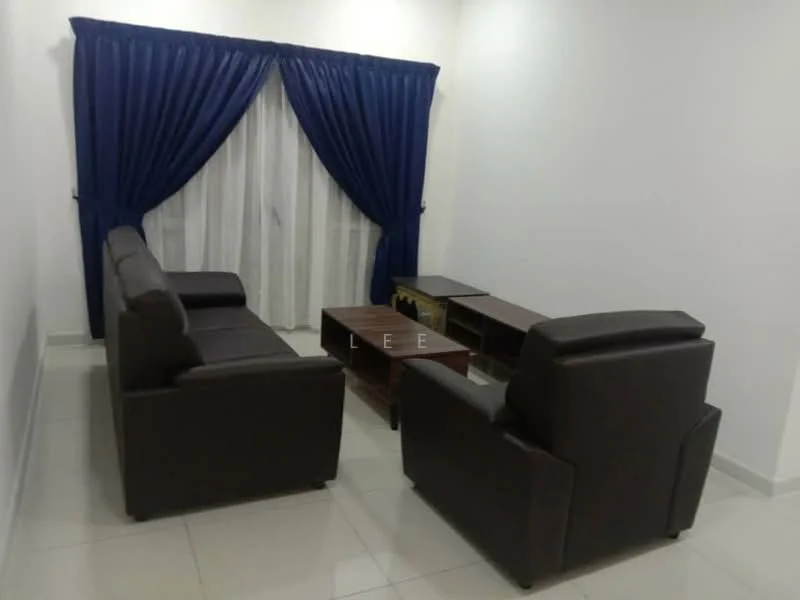Living features: brown leather 3-seater sofa, brown leather 2-seater sofa, wooden coffee table, wooden TV console, white painted walls, glossy tile flooring, blue curtains, sheer white curtains, recessed lighting; style: modern.