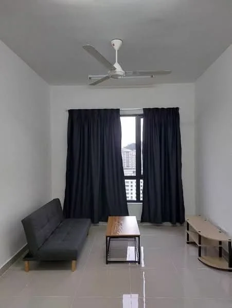 Living features: grey fabric sofa bed, wood coffee table, light-colored side table, floor-to-ceiling window, blackout curtains, white painted walls, glossy tile flooring, ceiling fan with light; style: modern; view: city.
