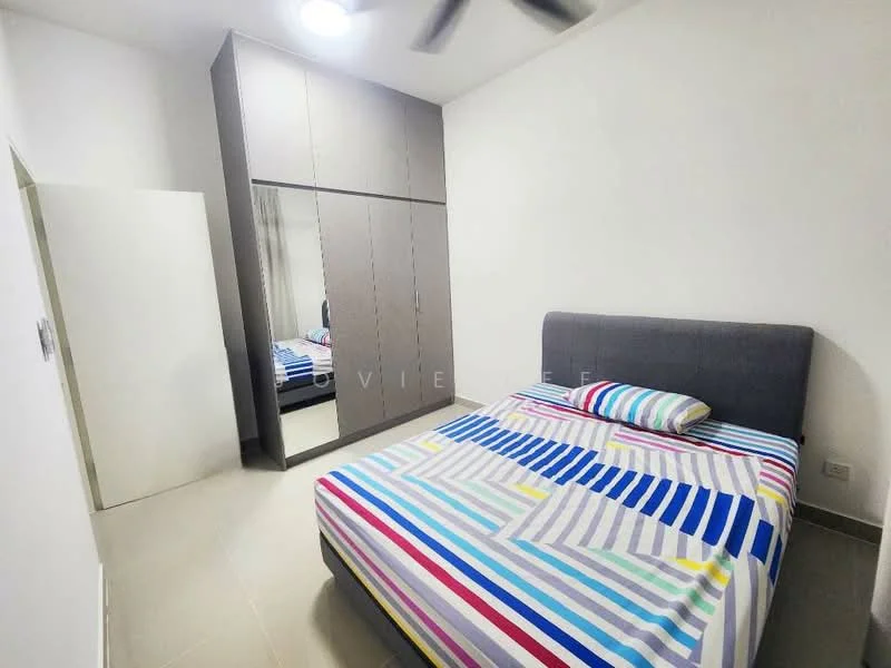 Bedroom features: king-size bed with striped bedding, upholstered headboard, built-in wardrobe with sliding doors, mirror on wardrobe, white painted walls, ceiling fan, tile flooring, window with natural light; style: modern.