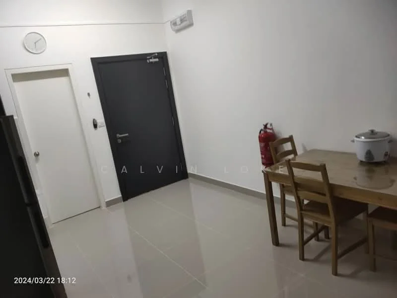 Room features: white painted walls, glossy tile flooring, dining table with four chairs, fire extinguisher, wall clock, black door, white door, air conditioning unit, kitchen appliances visible; style: modern.