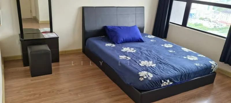 Bedroom features: king-size bed with black leather headboard, blue floral bedspread, wooden flooring, large window with city view, black bedside table, black stool, mirror on wall, decorative pillow; style: modern; view: city.