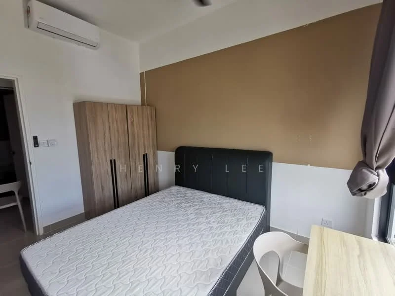 Bedroom features: queen-size bed, upholstered headboard, wooden wardrobe with sliding doors, study desk, white chair, air conditioning unit, cream painted walls, grey accent wall, tile flooring, curtains, window with natural light; style: modern.