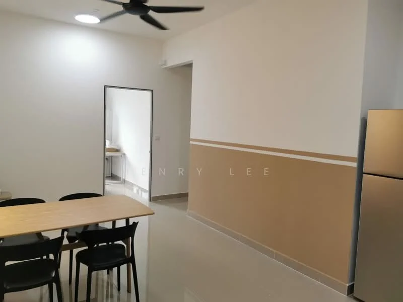 Dining features: dining table with 4 chairs, white painted walls, cream accent wall, polished tile flooring, ceiling fan, refrigerator, doorway leading to kitchen, natural light from doorway; style: modern.